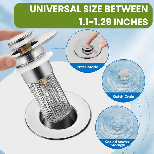 Universal Pop-Up Sink Drain Strainer – Fits 1.1-1.29 Inch Drains, Hair Catcher & Odor Sealer