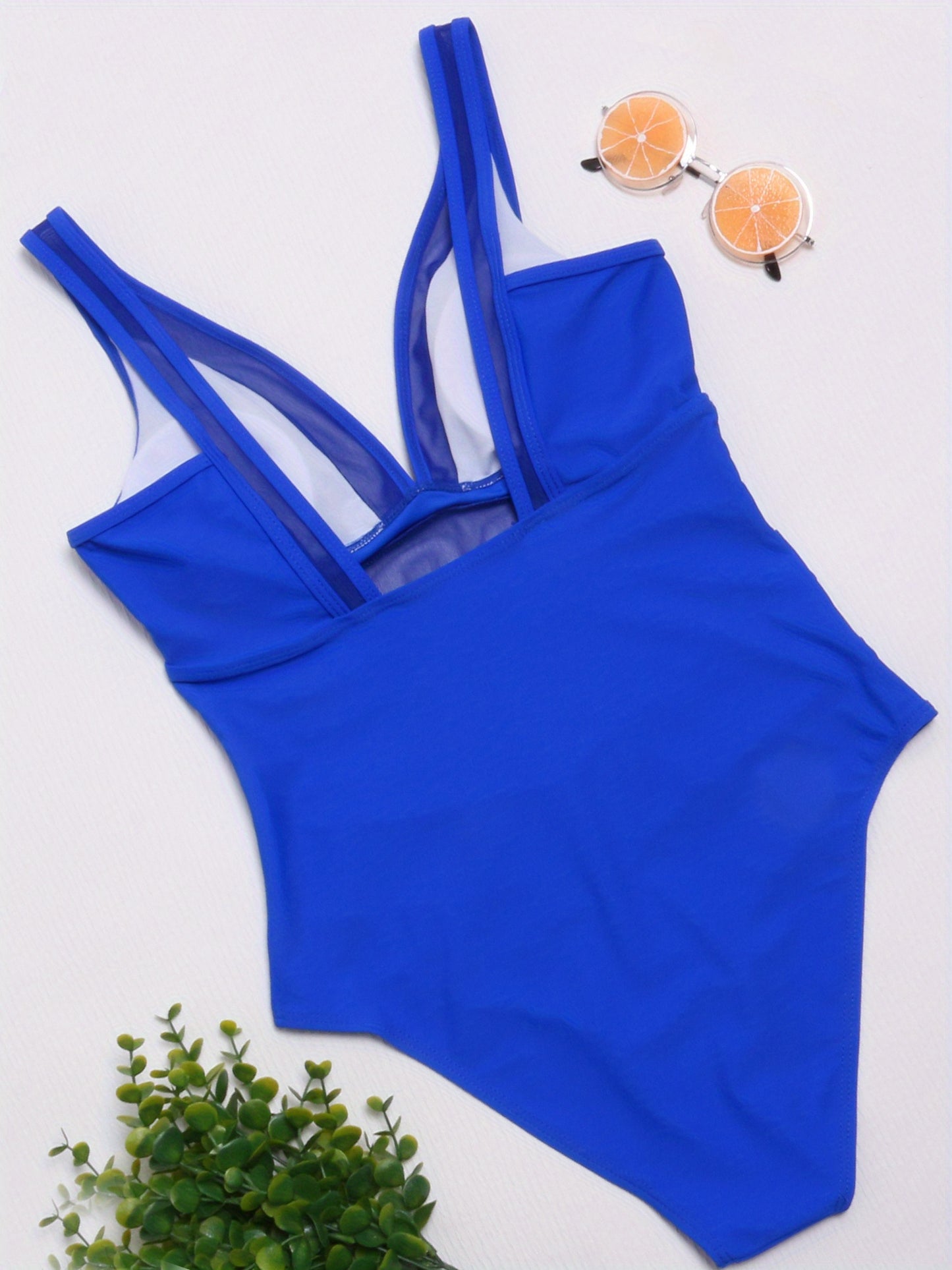 Elegant V-Neck One-Piece Swimsuit with Mesh Details